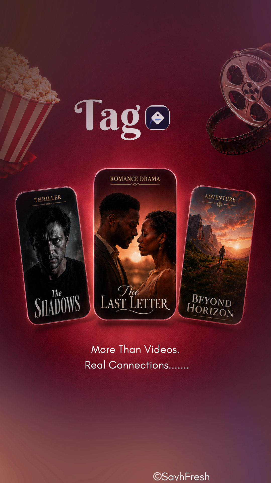 Tago splash screen: film posters for The Shadows, The Last Letter and Beyond Horizon with the tagline More Than Videos. Real Connections.