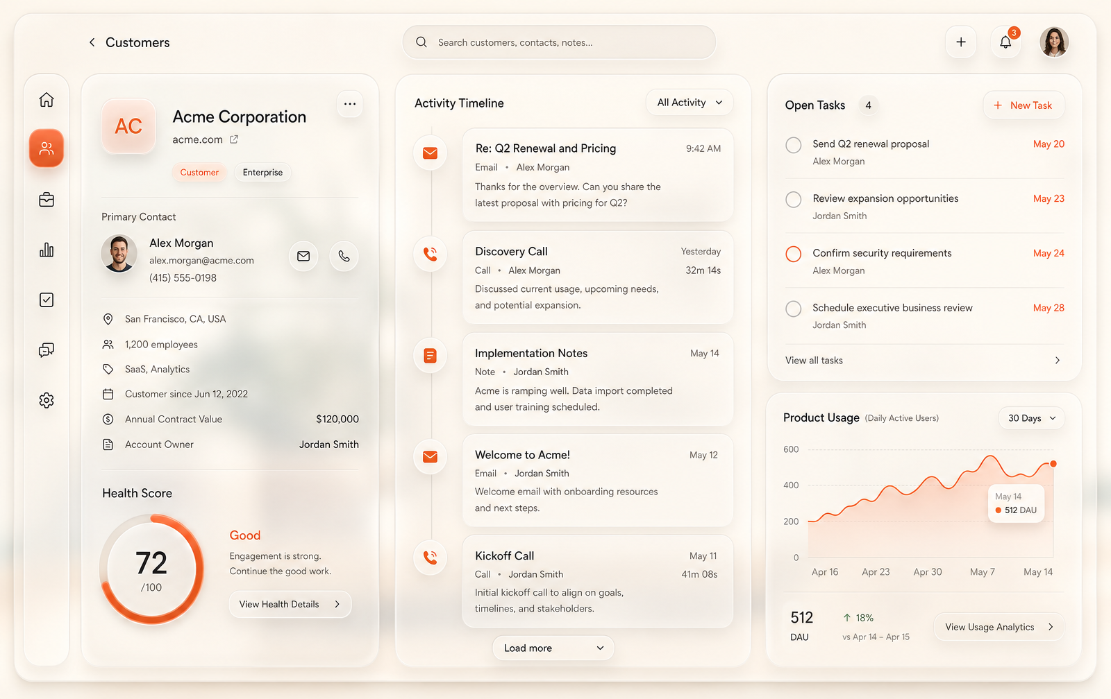Warm CRM customer record with activity timeline