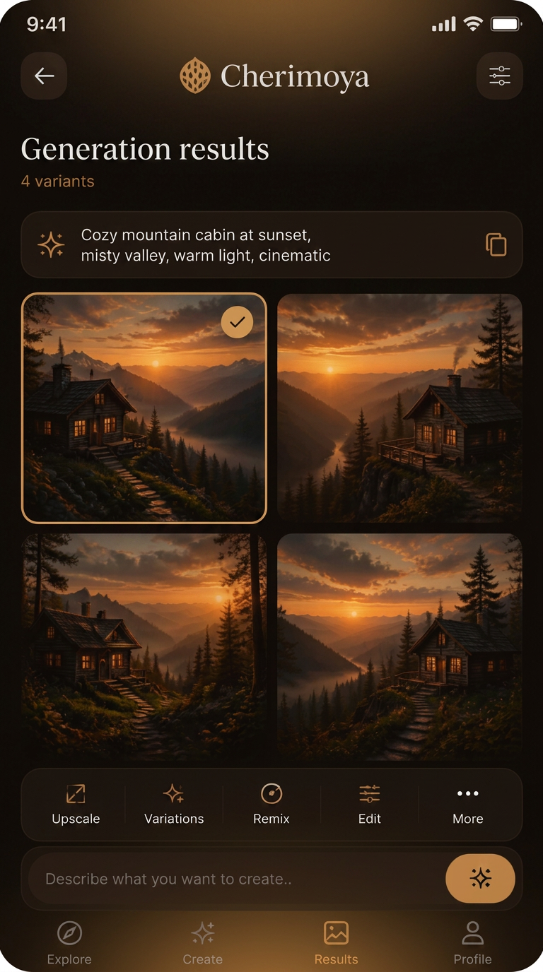 Warm dark mobile generation results screen with four image variants