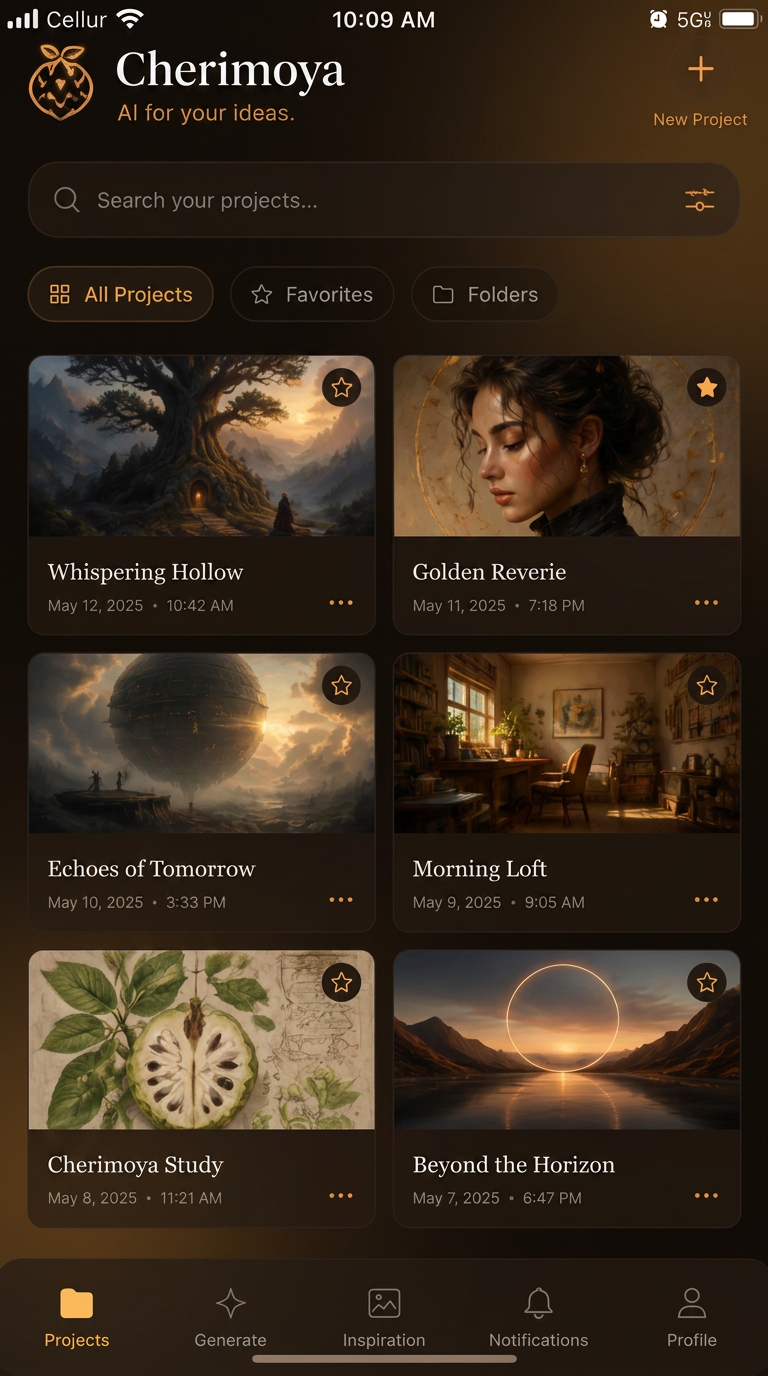 Warm dark mobile project library with preview tiles and timestamps