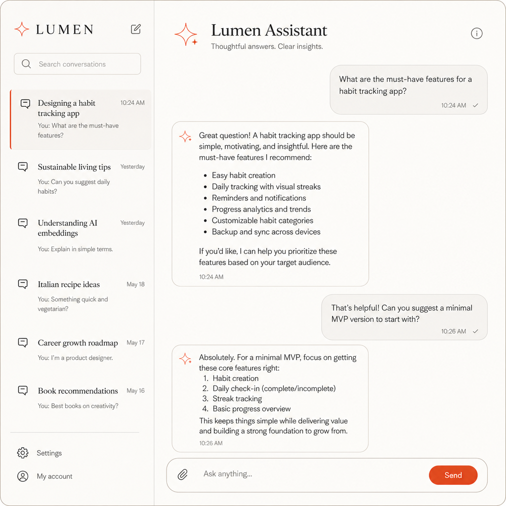 High-fidelity AI assistant chat interface with a translucent sidebar and rounded message bubbles