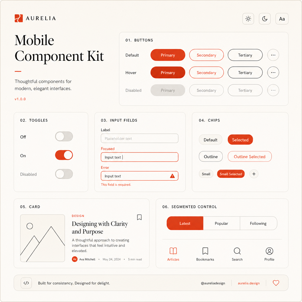 High-fidelity mobile component kit showing buttons, toggles, input fields, chips, cards and a segmented control