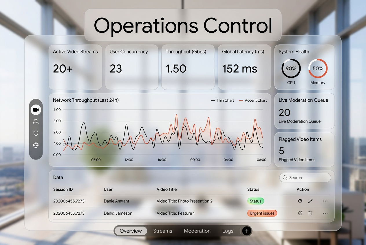 Translucent operations dashboard concept with metrics, throughput chart, moderation queue and data table