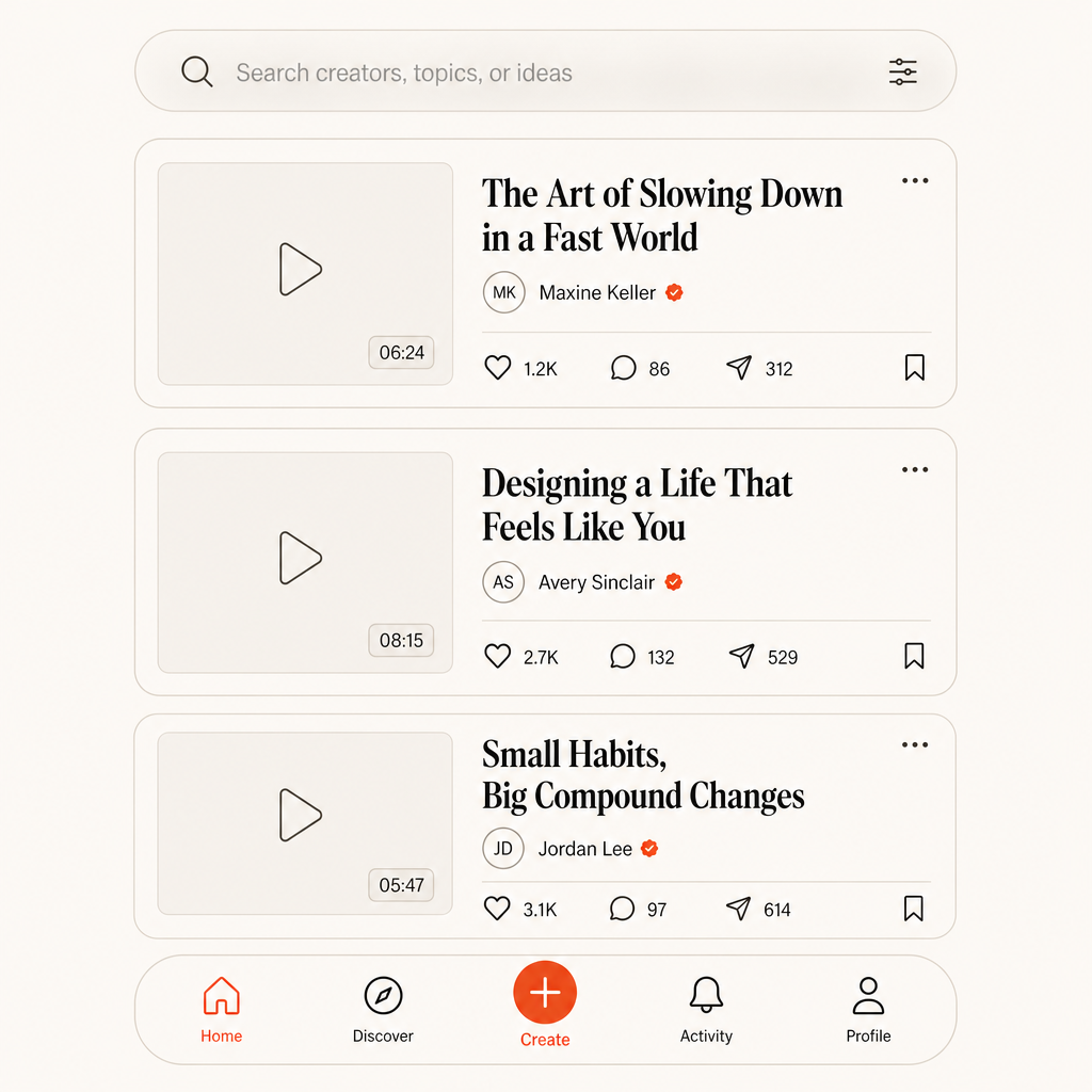 High-fidelity social video feed concept with a translucent search pill, content cards and a pill navigation bar