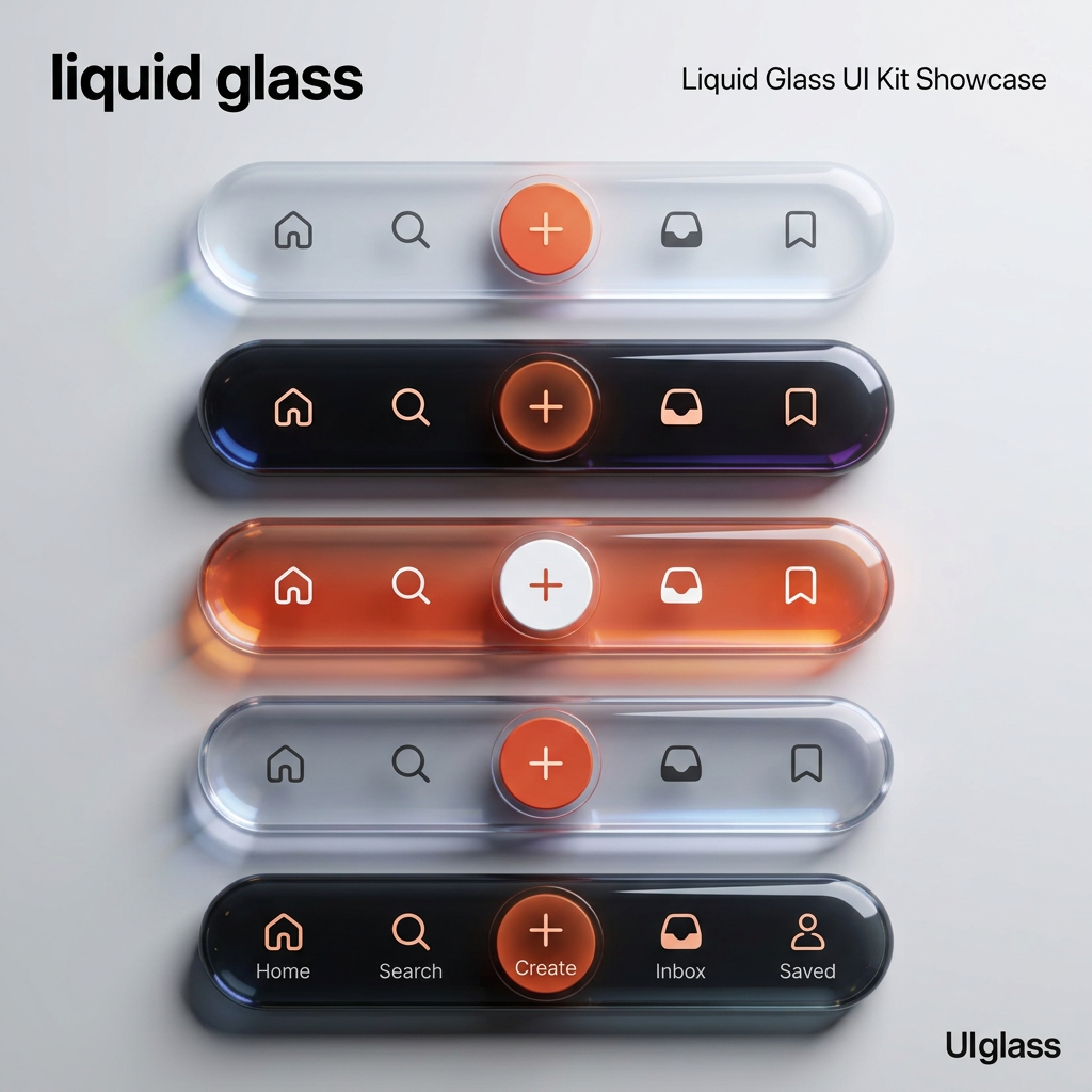 Five variations of a translucent pill-shaped bottom navigation bar