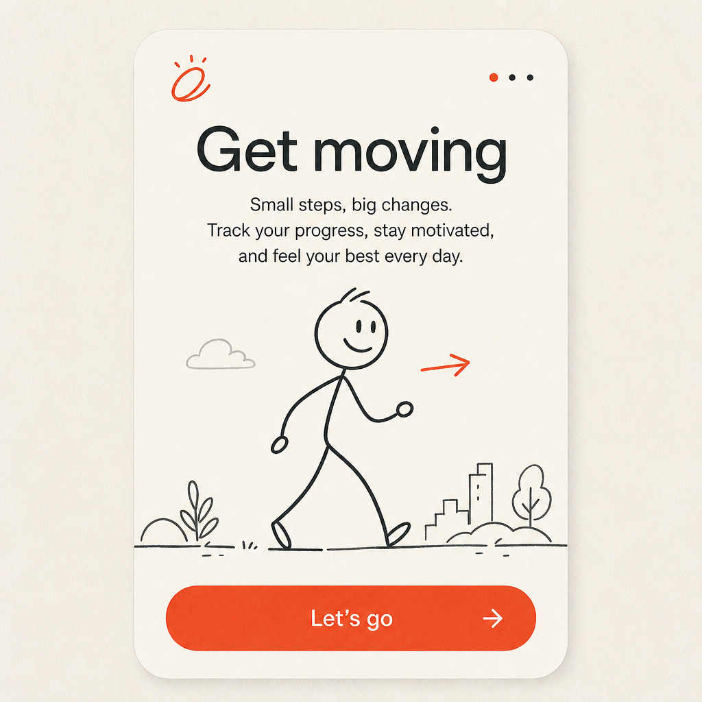 High-fidelity mobile onboarding concept with a walking line figure, frosted card and a red-orange pill button