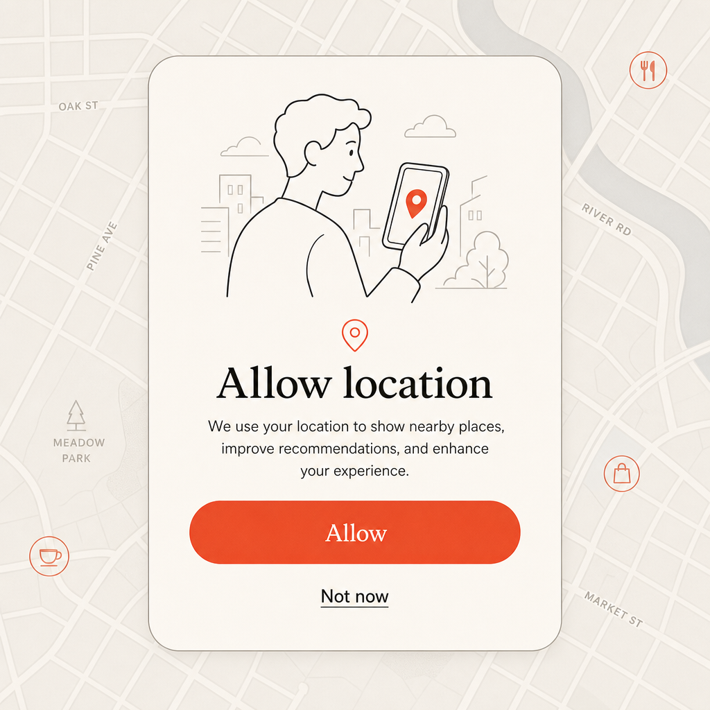 High-fidelity location permission concept with a translucent map behind a centered modal card