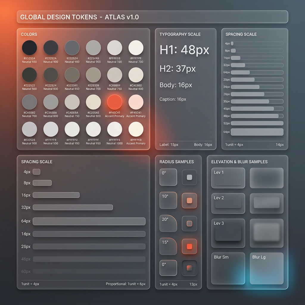 Design token board with colour swatches, type scale, spacing, radii and elevation samples