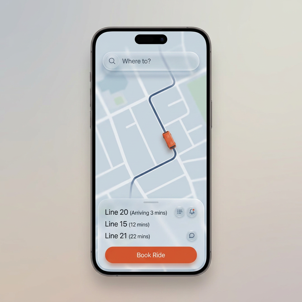 High-fidelity mobile tracking concept with a translucent search pill, route map and arrivals sheet