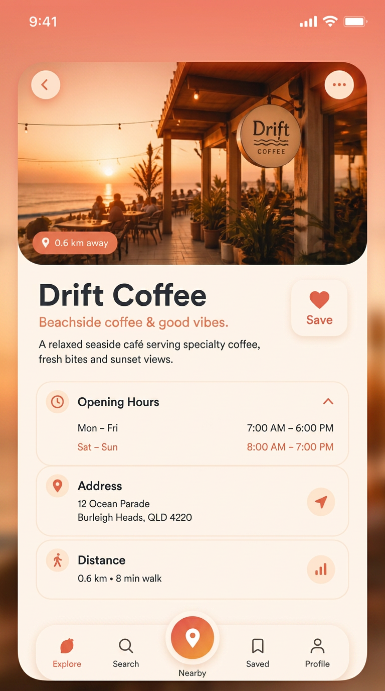 Warm coral mobile place detail screen with photos and hours