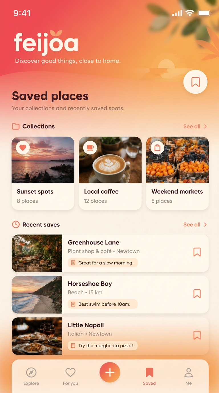 Warm coral mobile saved places screen with collections