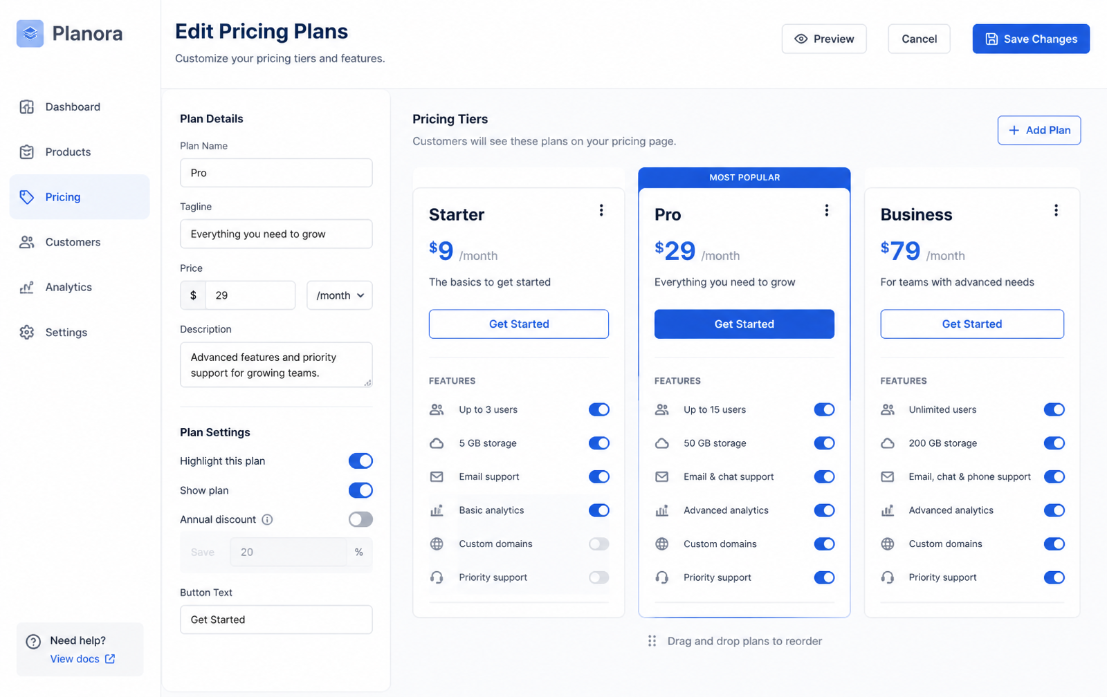 Pricing plan editor with tier cards and feature toggles