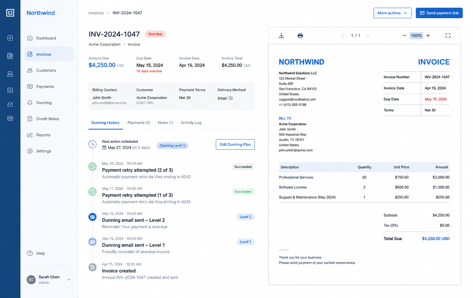 Invoice detail with dunning retry timeline and document preview