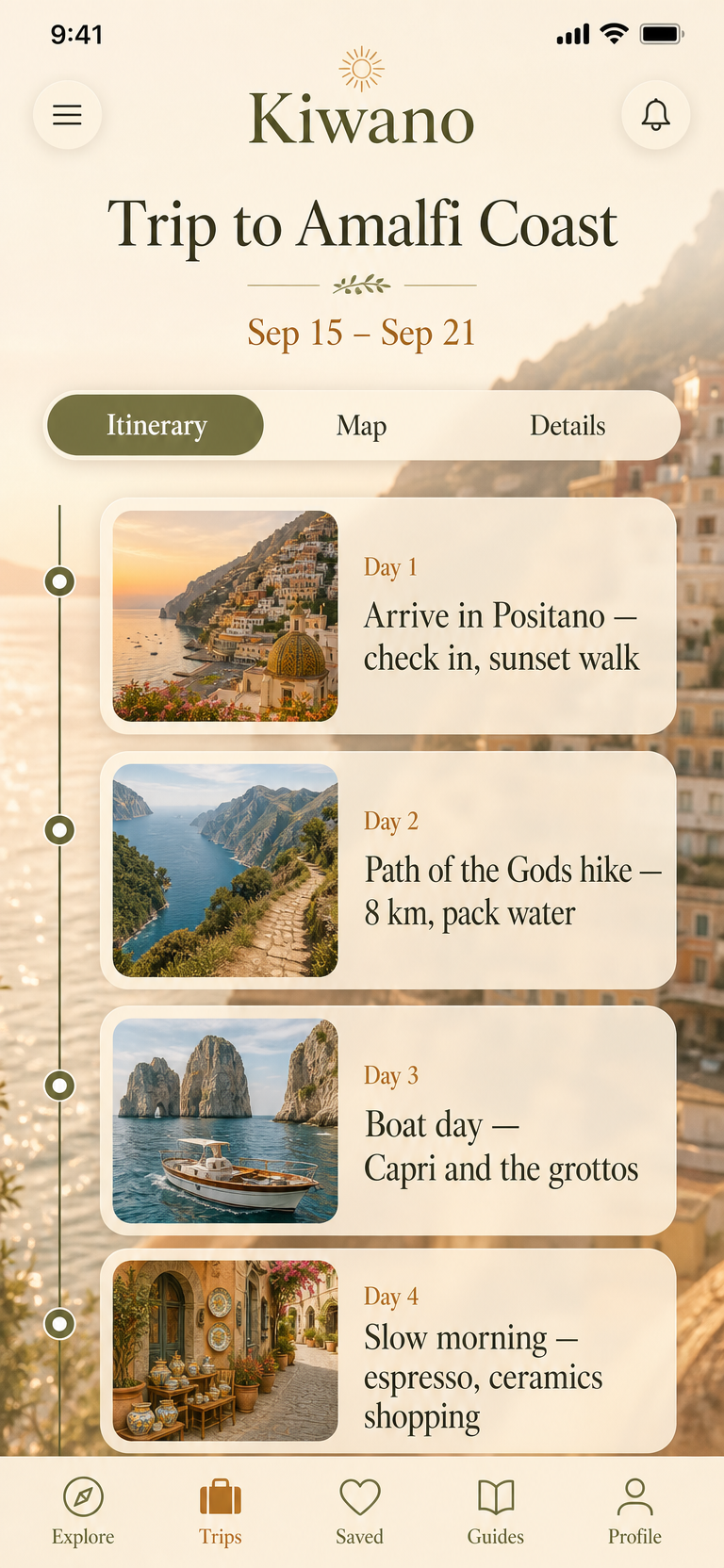 Warm cream mobile trip itinerary screen with day-by-day plan