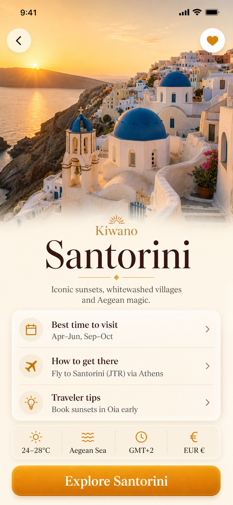 Warm cream mobile destination detail screen with photography and details