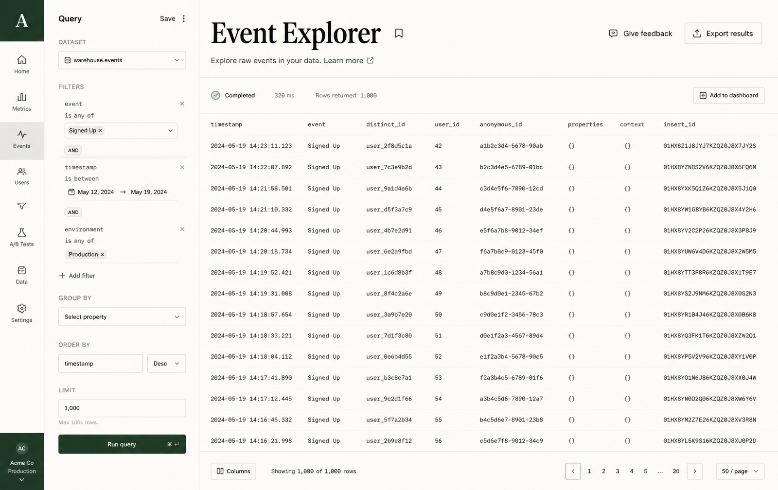 Light analytics event explorer with query builder and dense event table