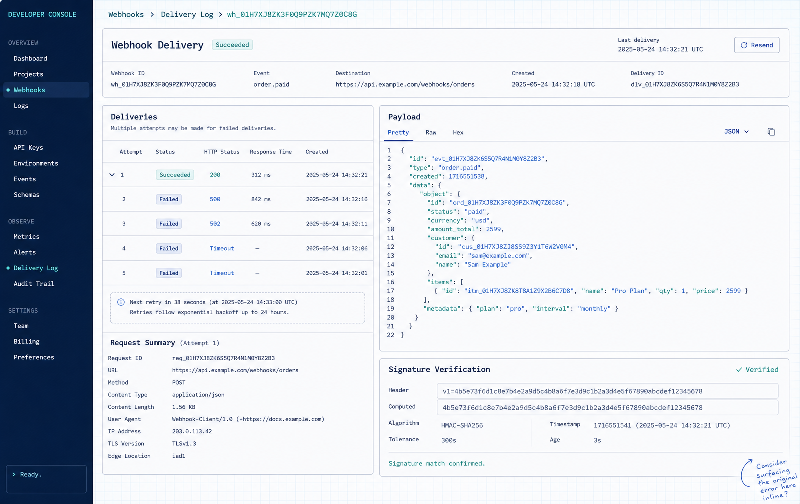 Blueprint-style request logs with status codes and payload drawer