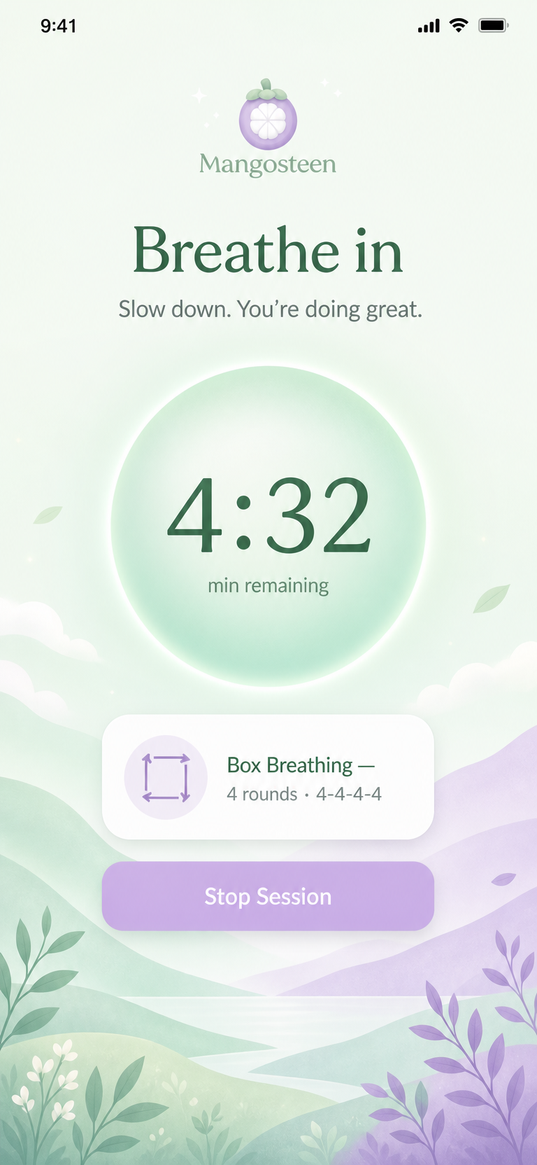 Pastel mobile breathing session screen with timer