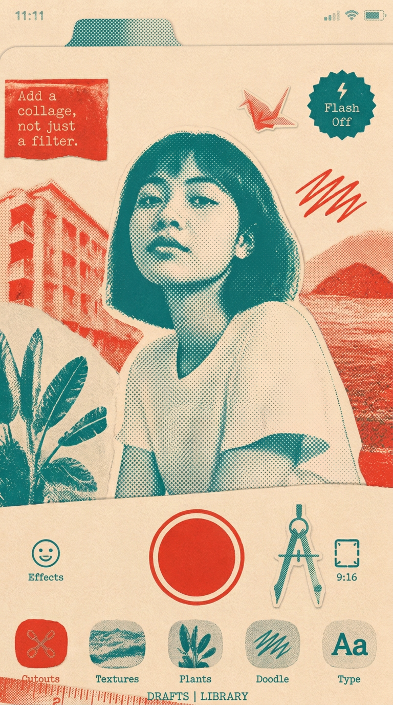 Risograph-style mobile capture and collage screen with record button