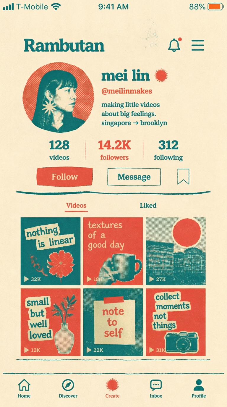 Risograph-style mobile creator profile with stats and print-poster grid