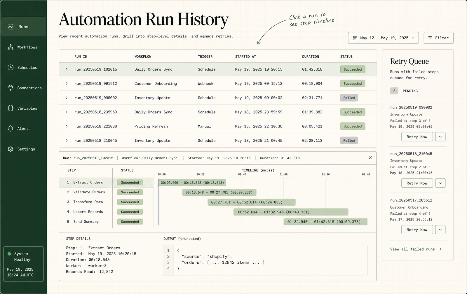 Forest green run history table over graph paper texture