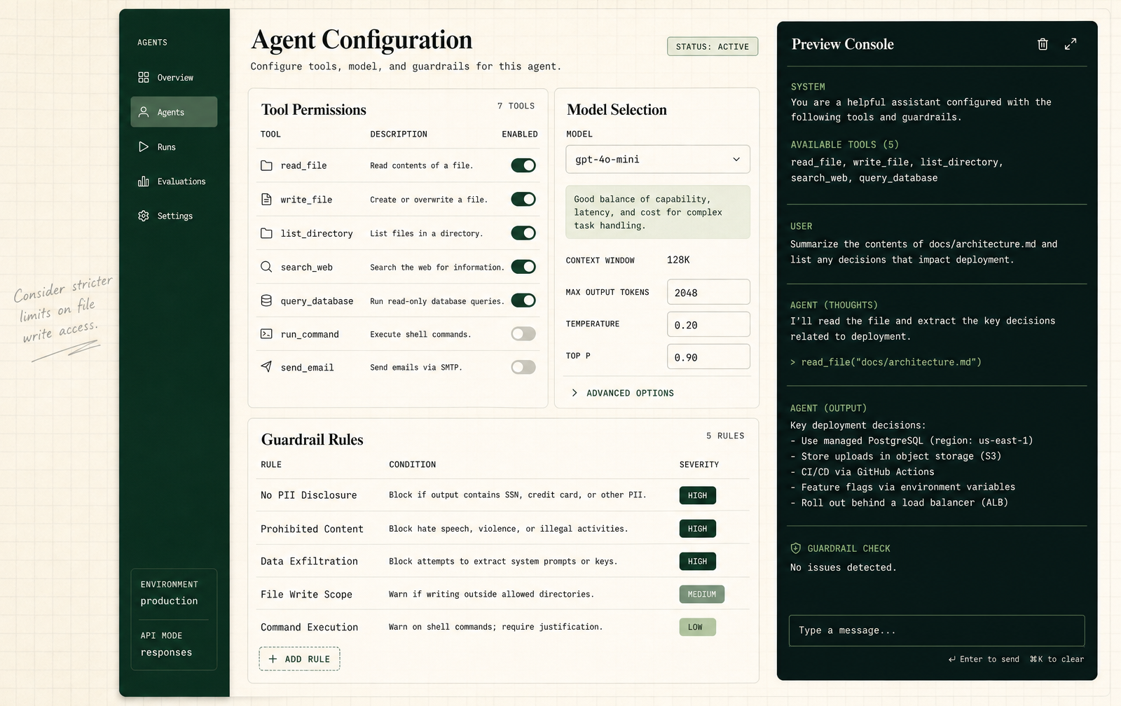 Forest green agent configuration panel with sketched annotations