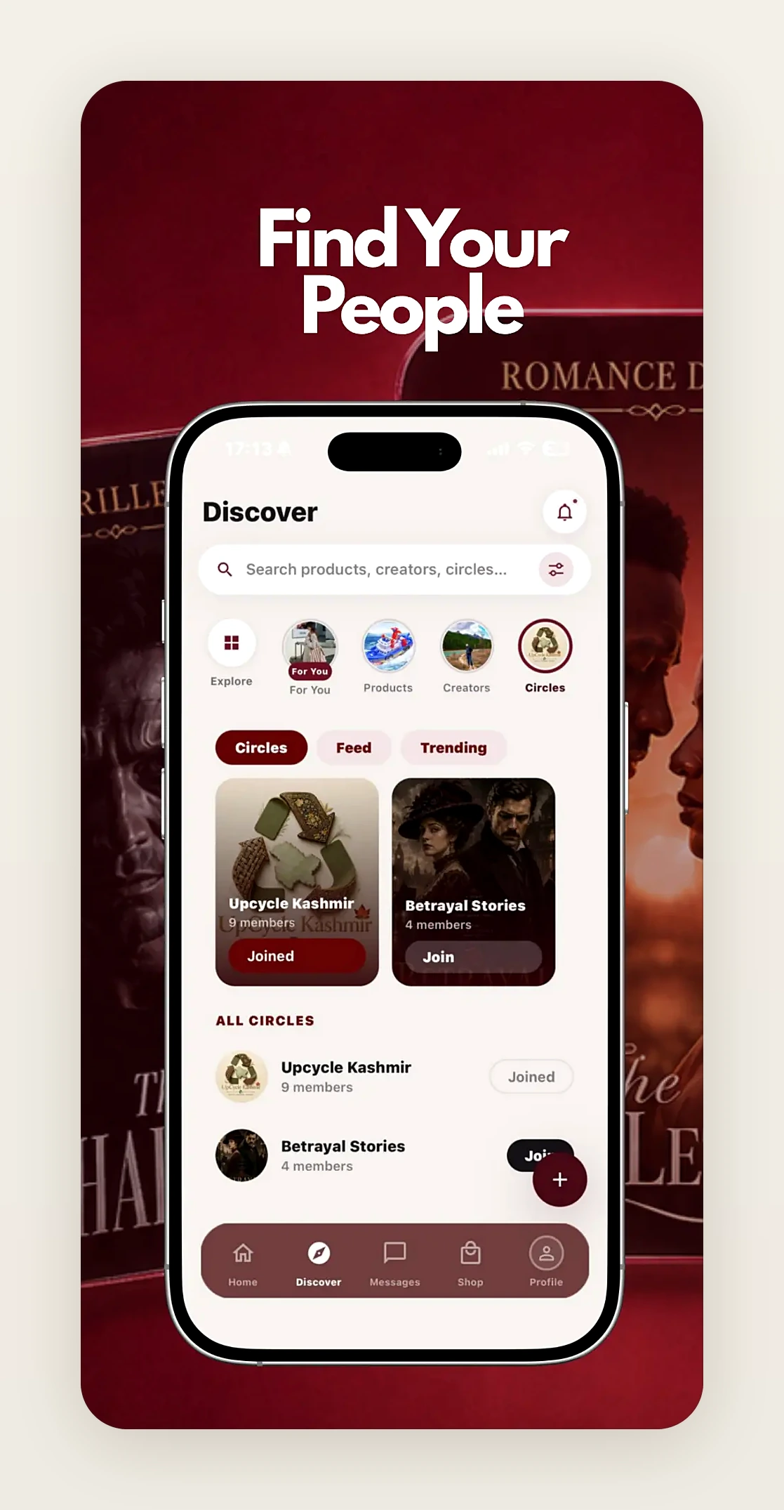 Tago discover screen showing circles and membership states