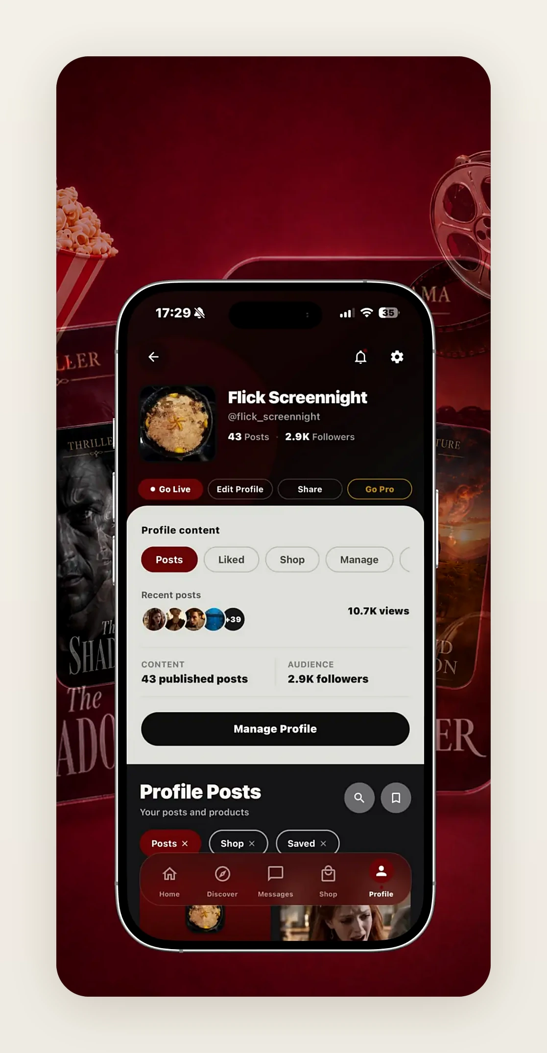 Tago creator profile screen with posts, followers and management actions
